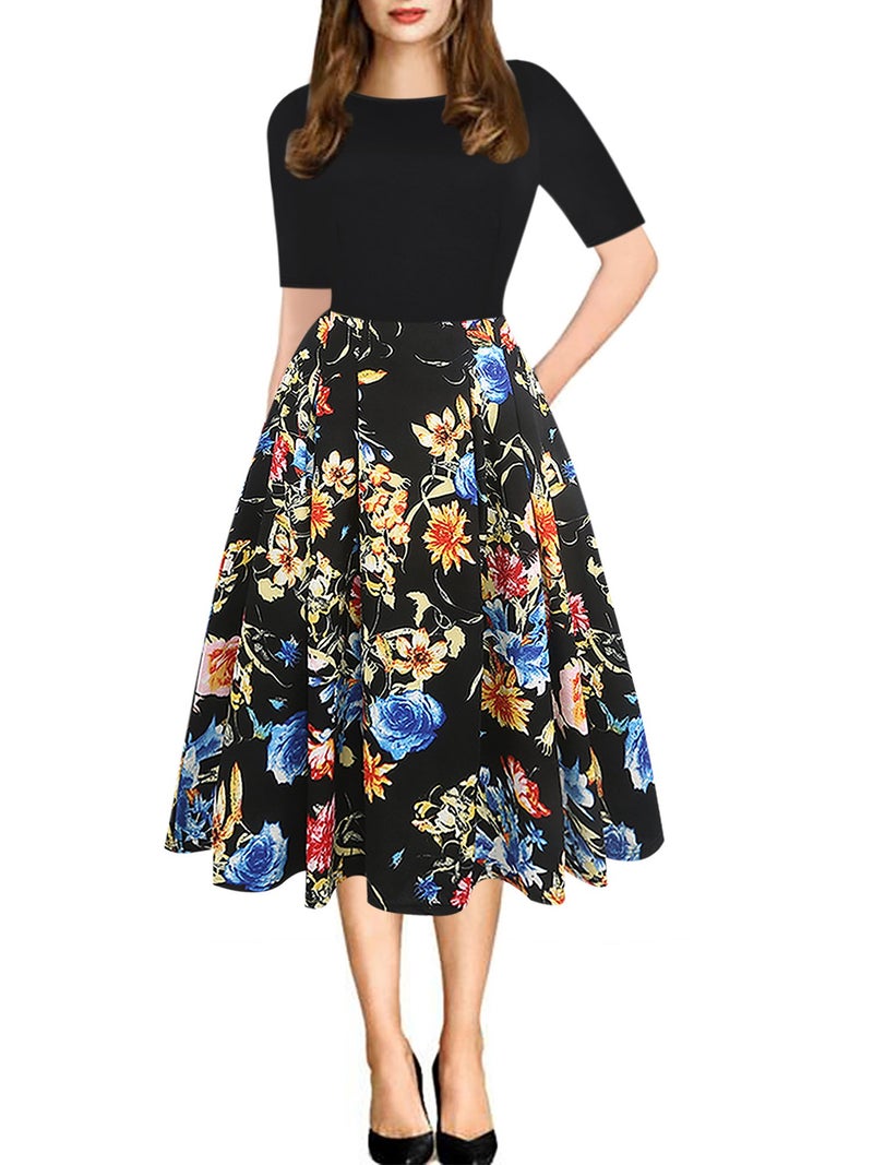 oxiuly Women's Vintage Patchwork Pockets Puffy Swing Casual Party Dress OX165 (Black Floral, l) - Image 1